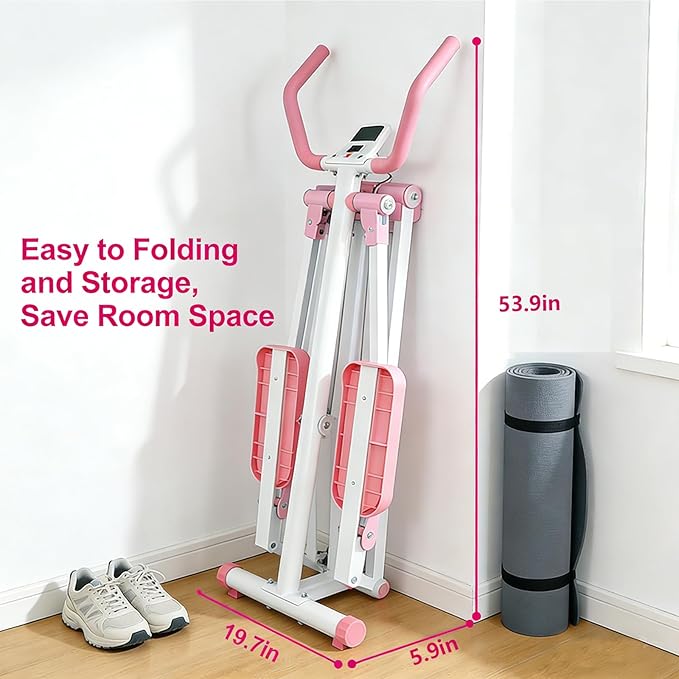 Air Walker Elliptical Exercise Machine for Home Office, Training Machines w/LCD Monitor/Device Holder, Foldable Cardio Exercise Machine for Beginners Seniors, Full Body Fitness Equipment 300LBS, Pink
