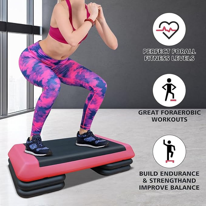 28.5'' Exercise Aerobic Step Platform, 4-6-8inAdjustable Fitness Stepper Workout with 4 Stackable Risers, Aerobics Stepper Workout Stepper for Home Gym Cardio Strength & Training (Red & Gray)