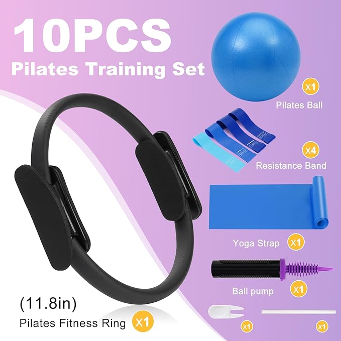 Pilates Ring Fitness Circles Set, High Resistance Yoga Ring Pilates Equipment Set for Women Includes Pilates Ring, 9 Inch Small Exercise Ball, 5 Resistance Bands at Home Pilates Workout Set