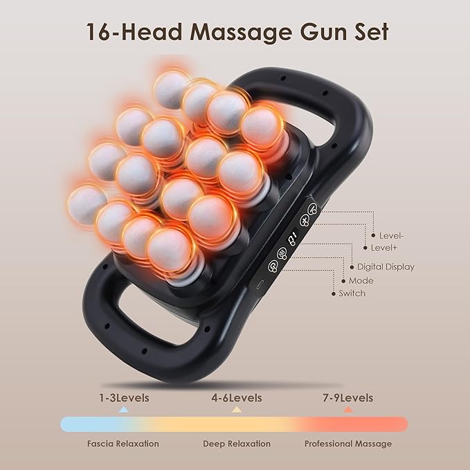 16 Head Massage Gun Set, Deep Tissue Percussion Massager, 2600mAh Electric Massage Tools with 9 Styles & Levels, Black