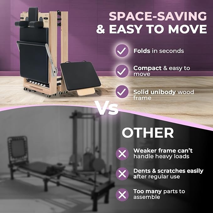 Airlithe Foldable Pilates Reformer Machine|Wooden Frame Reformer Machine with Strings, Versatile Accessories & 50+ Expert-Guided Workouts|Equipment for Strength Training, Rehabilitation, & Flexibility