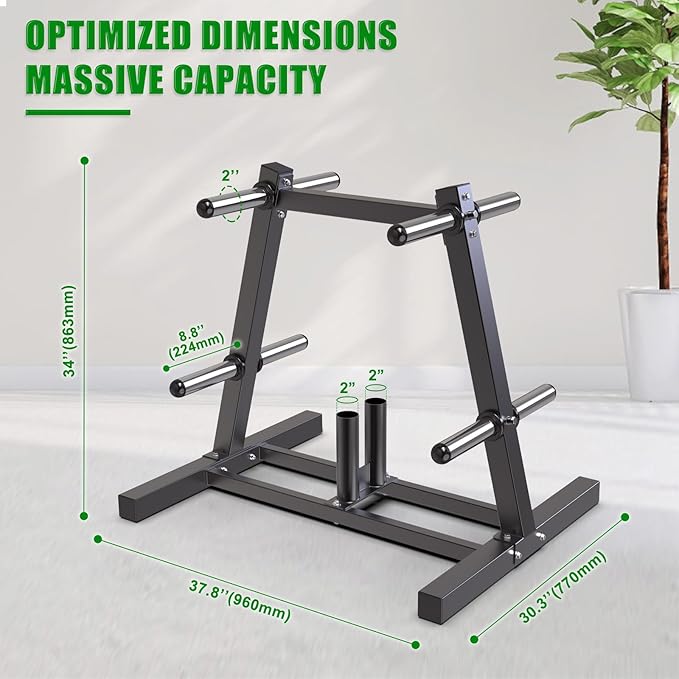 SELEWARE Olympic Weight Plate Tree Rack with 8 Weight Pegs & 2 Barbell Holders, Heavy-Duty Steel Gym Storage Organizer with Locking Wheels for 2 Inch Olympic Plates & Bars