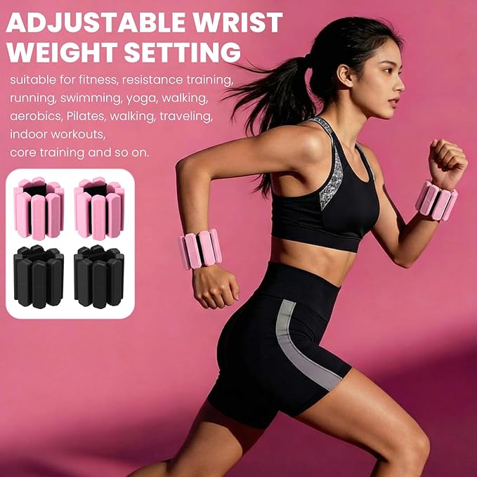 2 Pairs Wrist Ankle Weights Set Adjustable Silicone Weighted Bangles 1lb Pink 2lb Black for Women Men, Fitness Arm Leg Weights for Yoga, Pilates, Walking, Home Gym Workout
