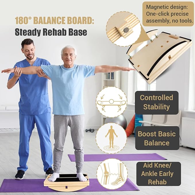 3-in-1 Slant Board & 180°/360° Balance Board, Portable 6 Angle Adjustable Calf Stretcher with Training Poster, Anti-Slip 300LBS Wobble Board for Physical Therapy, Standing Desk & Core Strength
