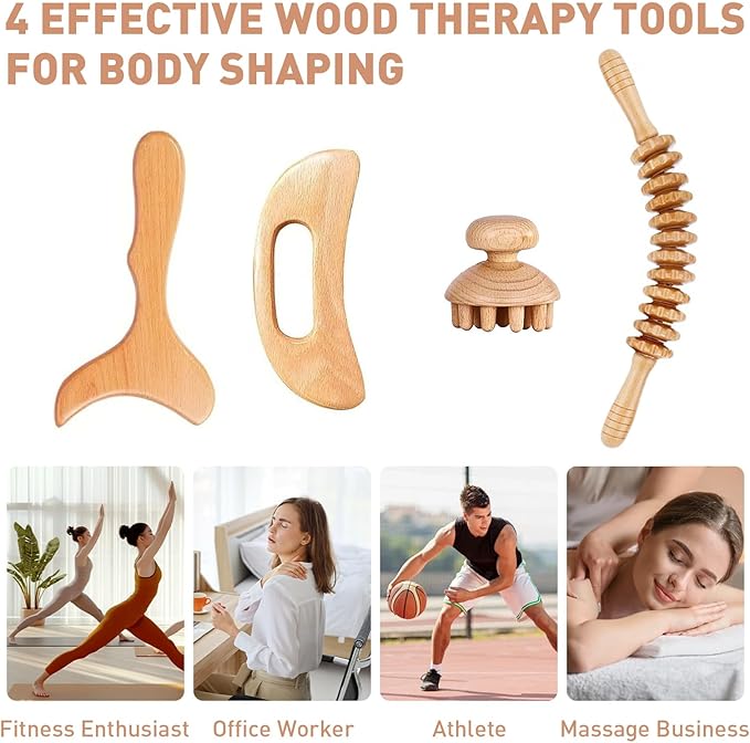 Wood Therapy Massage Tools 4-in-1 Lymphatic Drainage Massage Maderoterapia Kit Wooden Massager Body Sculpting Tools for Muscle Pain Relief, Anti-Cellulite Body Shaping