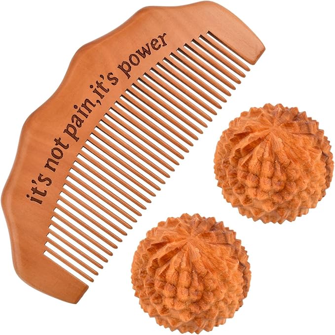 Birth Comb Acupressure Massage Ball Set, Wooden Labor Comb with 2 PCS Spiky Massage Ball Stress Relief, New Mom Gifts for Natural Labor and Delivery Essentials, Mom to Be Gift