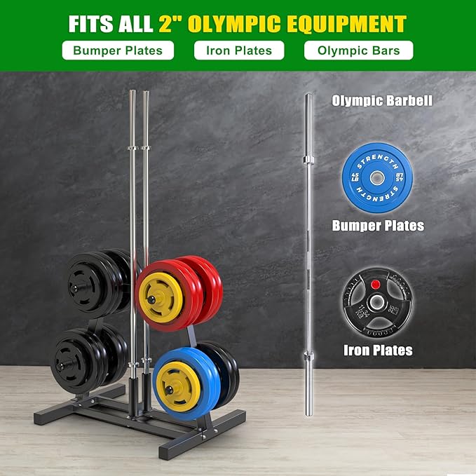 SELEWARE Olympic Weight Plate Tree Rack with 8 Weight Pegs & 2 Barbell Holders, Heavy-Duty Steel Gym Storage Organizer with Locking Wheels for 2 Inch Olympic Plates & Bars