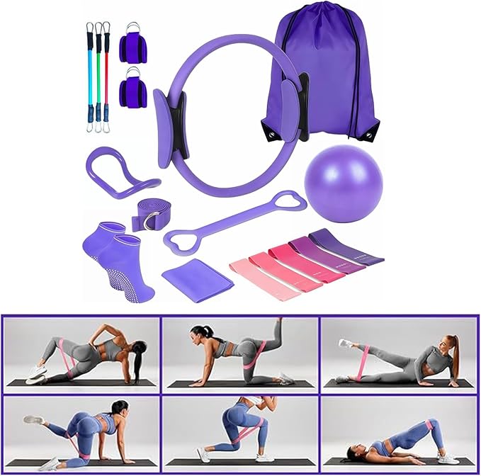 Women's Fitness Exercise Set Pilates Ball Rings and Band with Nonslip for Home Exercise and Flexibility Pilates Rings and Ball Set for Flexibility