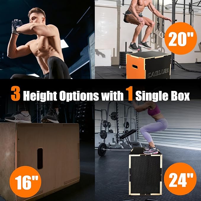CAELUM 3-in-1 Wood Plyo Box - Non-Slip Plyometric Jump Box for Home & Gym, 400lbs Bearing Fitness Launch Box for Jumping Squats Step-ups Strength Training