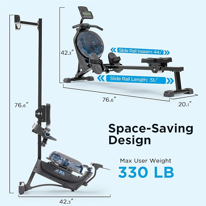 JLL Magnetic Rowing Machine – Foldable Rower for Apartments & Home Gyms, 16 Resistance Levels, Bluetooth with SunnyFit App, Easy-Glide Wheels, Tilt-to-Store Upright Design