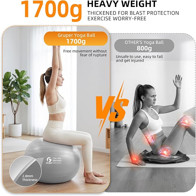Gruper Yoga Ball, Extra Thick Non Slip Exercise Ball for Workout, Birthing, Balance, Stability, Pregnancy, 4 Sizes Anti Burst Chair for Home and Office, Includes Quick Pump & Fitness Guide