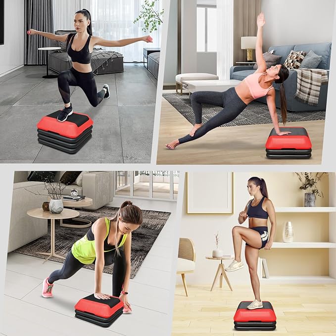 GOWE Height-Adjustable Step Aerobics Platform Fitness Equipment Stepper Trainer Exercise Step Platform with 4 Riser Red