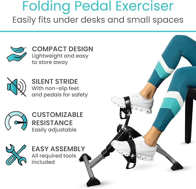 Vive Folding Pedal Exerciser - Under Desk Exercise Bike for Seniors, Elderly - Sit Down Stationary Peddler Equipment for Arm, Leg, Hand, Foot - Mini Floor Bicycle with LCD Display, Adjustable Tension