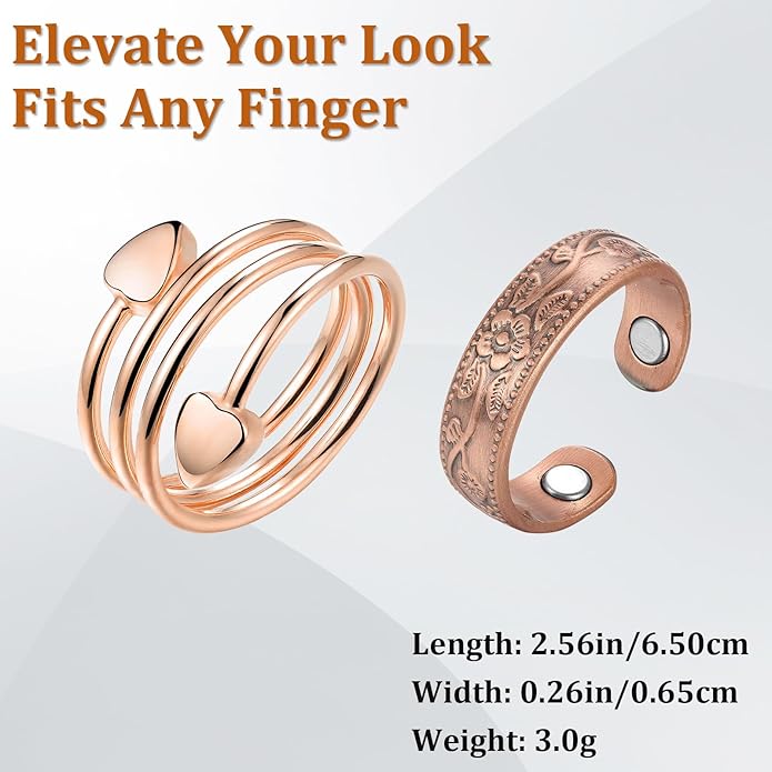 Magnetic Copper Rings Set for Women, Elegant Lymphatic Jewelry Gifts, Vintage Adjustable Vine Design