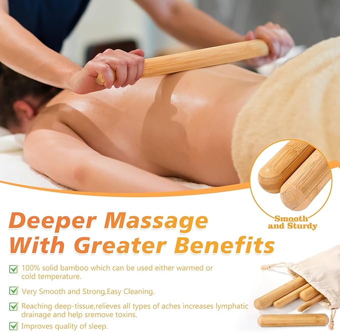 5Pcs Bamboo Massage Sticks Set, Guasha Massage Sticks,Bamboo Massage Roller Sticks for Relax Muscles & Body Shaping