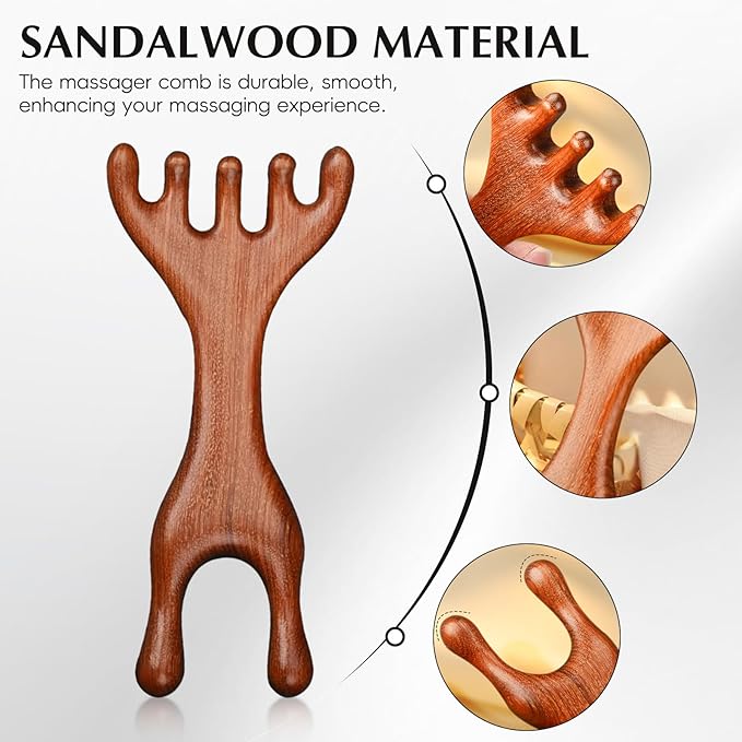 Manual Scalp Massager - Sandalwood Massager Tool for Scalp, Eye, Facial, Neck, Shoulder - Five Claw Gua Sha Comb for Men Women