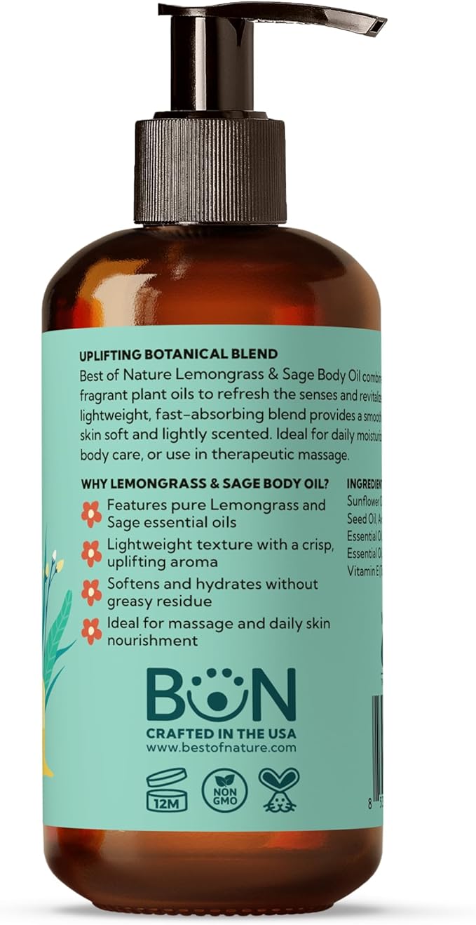 Best of Nature Lemongrass and Sage Massage Oil Blend - Non-Greasy Aromatherapy Massage Oil for Body, Skin & Face, Crafted with Pure Essential Oils (8 fl oz)