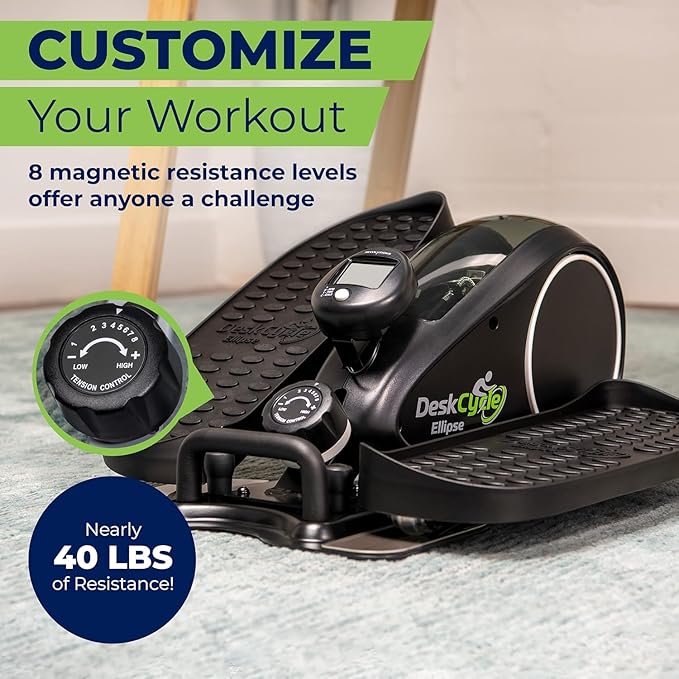DeskCycle Under Desk Elliptical Machine up to 40 lbs Magnetic Resistance Foot Pedaler, Ultra-Smooth & Silent Seated Leg Exerciser, Heavy Duty Non-Sliding Steel Frame