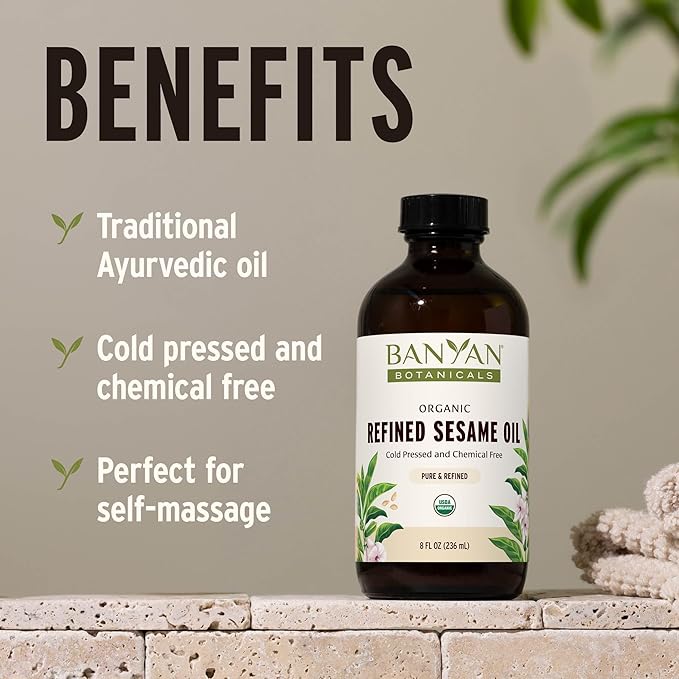 Banyan Botanicals Refined Sesame Oil – Organic Sesame Oil for Skin, Body, Hair & More – Multiple Sizes – 24 oz – Non GMO Sustainably Sourced Vegan