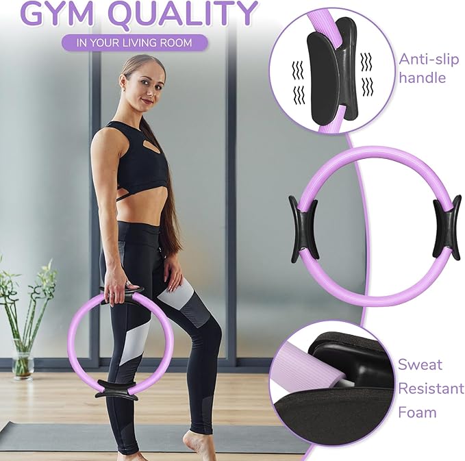 TOPZGLEEY Pilates Ring Set – 14" Anti-Deformation Magic Circle with Padded Handles, Mini Ball, 5 Resistance Bands, Guide, Pilates Equipment for Home Workout
