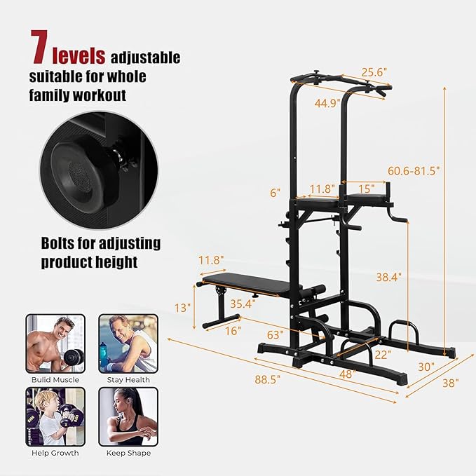 Power Tower Pull Up Bar for Home Gym, Multi Functional Pull Up Bar Stand Dip Bar Station with Weight Bench, Adjustable Height Workout Dip Station Strength Training Fitness Equipment
