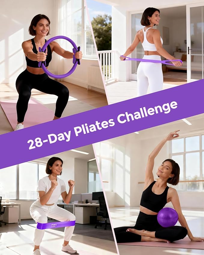 Home Pilates Essentials Kit for Women, Magic Circle Pilates Equipment Ring and Ball Set, 6 Resistance Bands Workout Guide Video for 28 Day Pilates Essential Challenge Starter Kit for Beginners