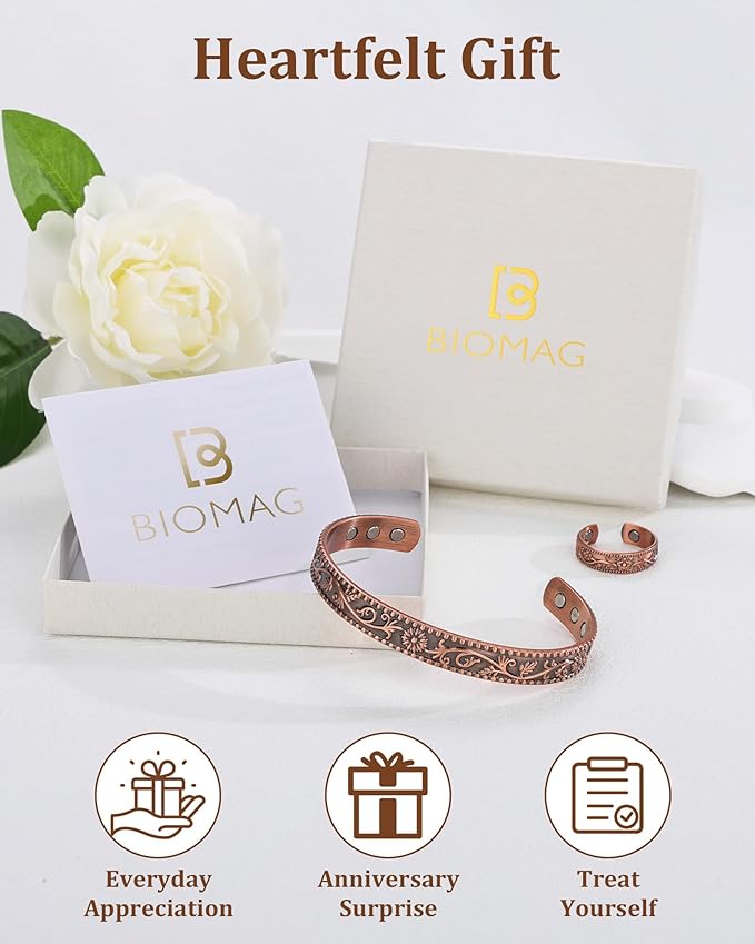 BioMag 99.99% Pure Copper Bracelet&Ring for Men and Women, Adjustable Magnetic Bracelet & Ring with Built-in Strong Magnets, Elegant Vintage Flower Design, Jewelry Christmas Gift