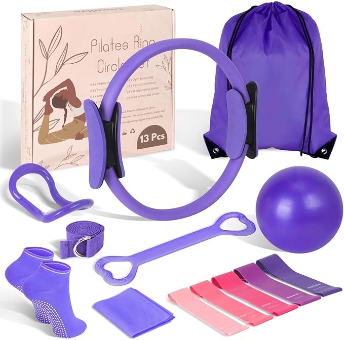 JITUIHOM Home Pilates Essentials Kit for Women - Complete Pink Equipment Set with 9 Inch Yoga Ball, Figure 8 Resistance Band, Bands & Accessories, Ring for Beginners Workouts