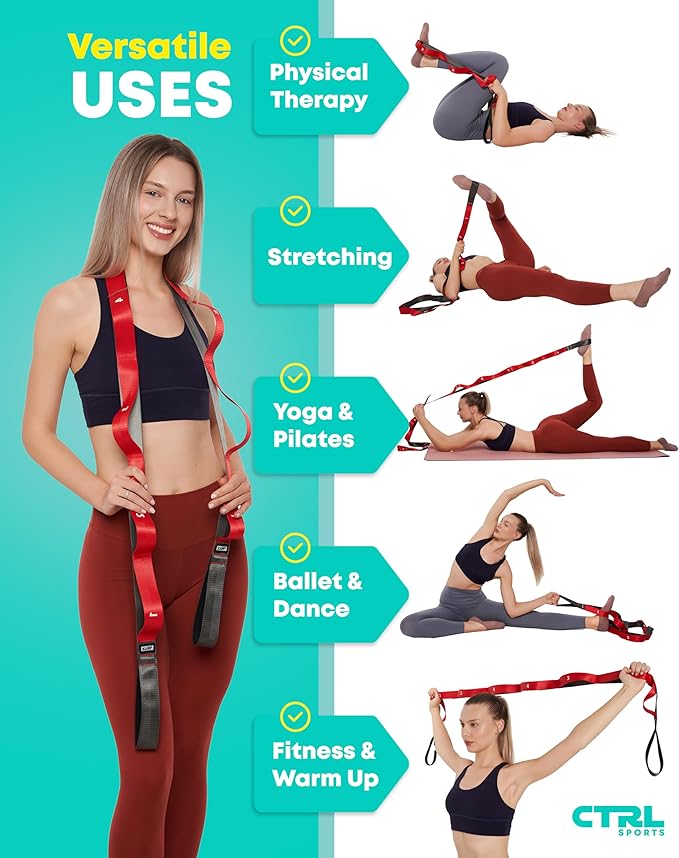Stretching Strap with Loops - Non Elastic Stretch Band for Physical Therapy, Yoga Strap for Stretching Equipment, Stretch Bands for Exercise and Flexibility - Fascia, Hamstring & Leg Stretcher Belt