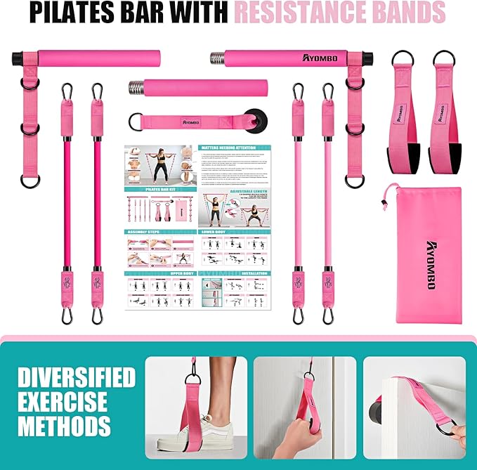 Pilates Bar Kit with Resistance Bands, Pilates Workout Equipment for Legs, Hip, Waist, Arm, Squats Exercise Equipment for Home Workouts, Adjustable 3-Section Pilates Bar Kit for Women & Men