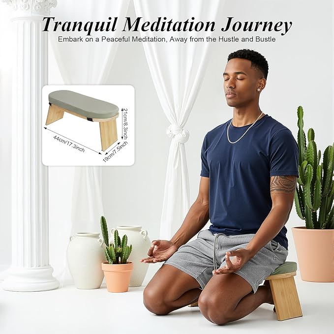 Meditation Bench, Foldable Ergonomic Meditation Stool Foldable Bamboo Kneeling Meditation Wooden Bench Yoga Stool Floor Sitting Prayer Bench for Yoga or Sitting (Green)