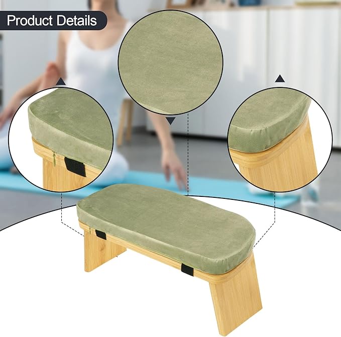 HouseVibe Meditation Bench Kneeling Stool Ergonomic Wood with Soft Cushion, Foldable, Portable Prayer Bench, Meditation Stool- Green