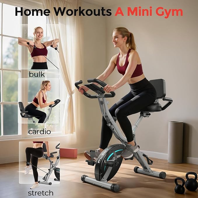 Pleny Folding Exercise Bike, 5 IN 1 Stationary Bikes for Home 6.6 LBS Flywheel, 330LB Weight Capacity Back Support Cushion Indoor Workout Cycling Bike for Home Gym
