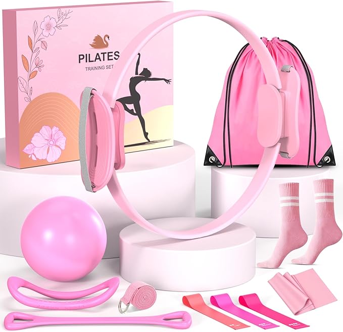 Pilates Equipment Set for Women, Pilates Ring and Ball Set, At Home Pilates Workout Equipment with 15" Magic Circle Ring and Resistance Bands, A Must-Have for Beginners and Seasoned Yogis