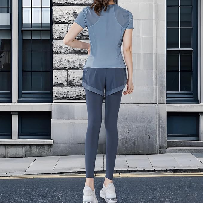 Black Two Piece Pilates Set For Women, Short Sleeve, Breathable Stretch Fabric, Polyester-Spandex Blend, Casual Sportswear Xxl,