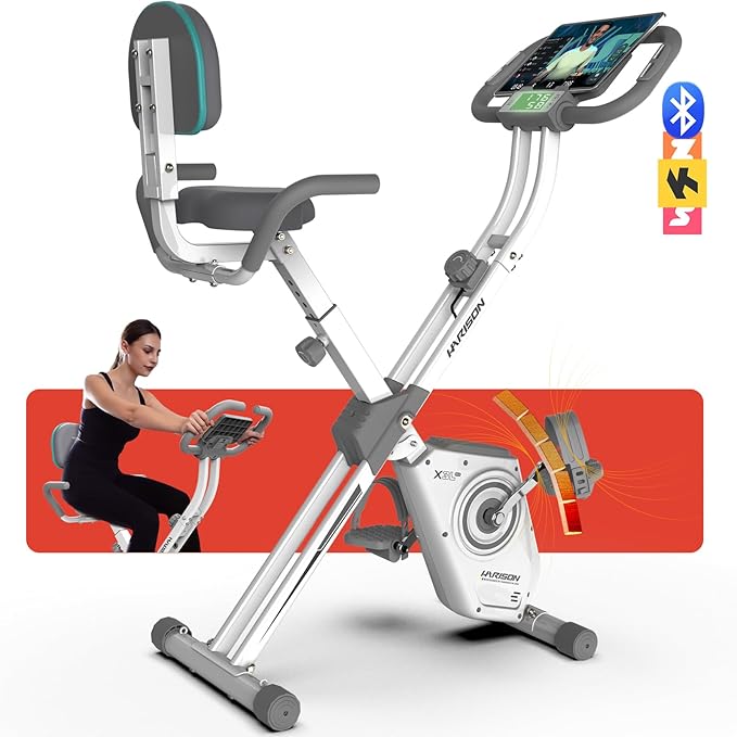 HARISON Folding Exercise Bike 350 LBS Capacity, 5 in 1 Bluetooth Stationary Bikes for Home with 16-Level Resistance and Arm Resistance Bands, Magnetic X-Bike with LCD Monitor & Back Support