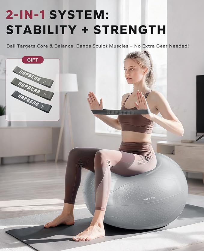 HAPBEAR Exercise Ball (22''/26''/30'') - Anti-Burst Slip-Resistant Yoga/Pilates Ball for Core Training & Posture Improvement, Home Gym/Rehab/Pregnancy Ball, Quick Pump & 3 Resistance Bands Included
