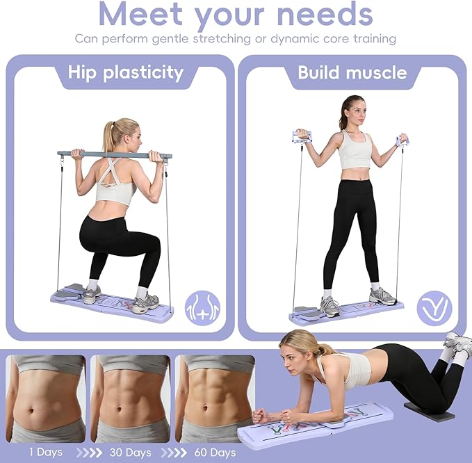 Pilates Board for Home Workout - Portable Pilates Reformer Set, Multifunctional Ab Trainer with Resistance Bands Phone Support 300lbs Capacity, Folding Pilate Board for Women Full Body Workout