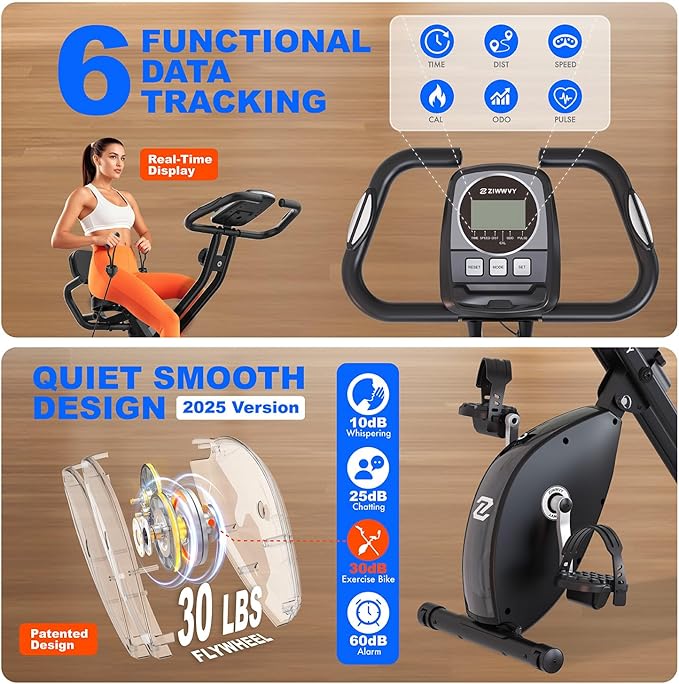 Silent Folding Exercise Bike for Apartments - 330lbs Capacity, 3-in-1 Stationary Bike with Arm Bands & Back Support