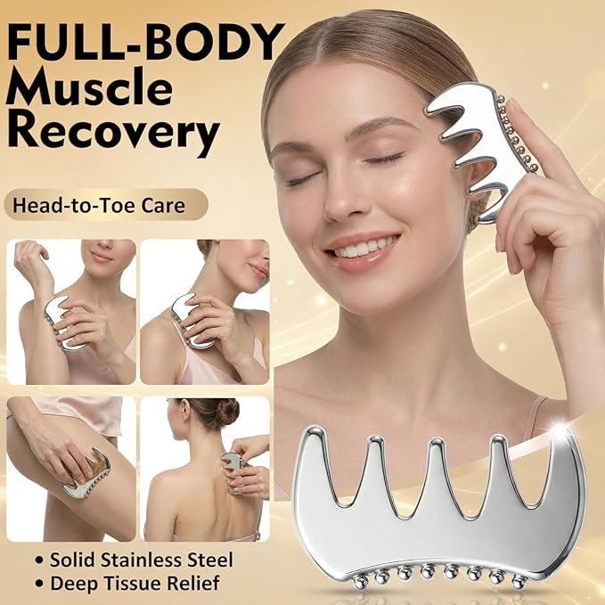 2-in-1 Premium Solid Stainless Steel Gua Sha & Myofascial Muscle Scraper – Manual Deep Tissue Massage Comb & Reflexology Pen – Handheld Body Massager for Fascia Release, Sculpting & Mobility