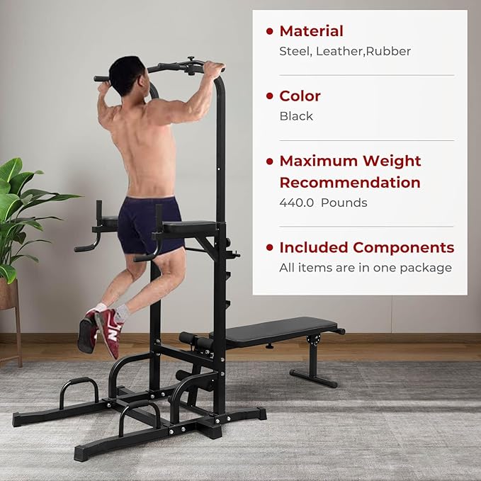 Power Tower Pull Up Bar for Home Gym, Multi Functional Pull Up Bar Stand Dip Bar Station with Weight Bench, Adjustable Height Workout Dip Station Strength Training Fitness Equipment