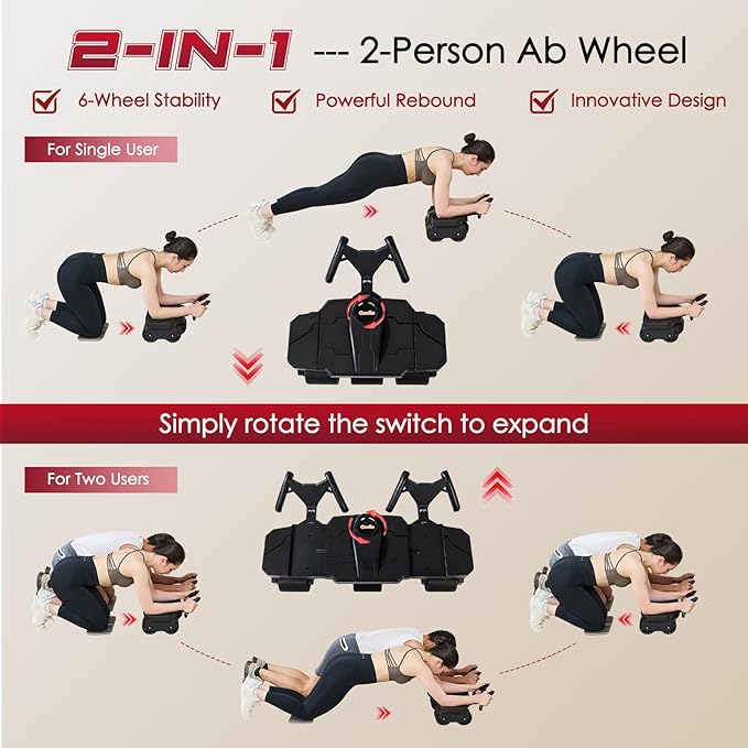 Ocdin Partner Ab Roller Wheel with Elbow Support- Two-Person Core Trainer, Stable Home Gym Equipment for Couples to Strengthen Core Muscles