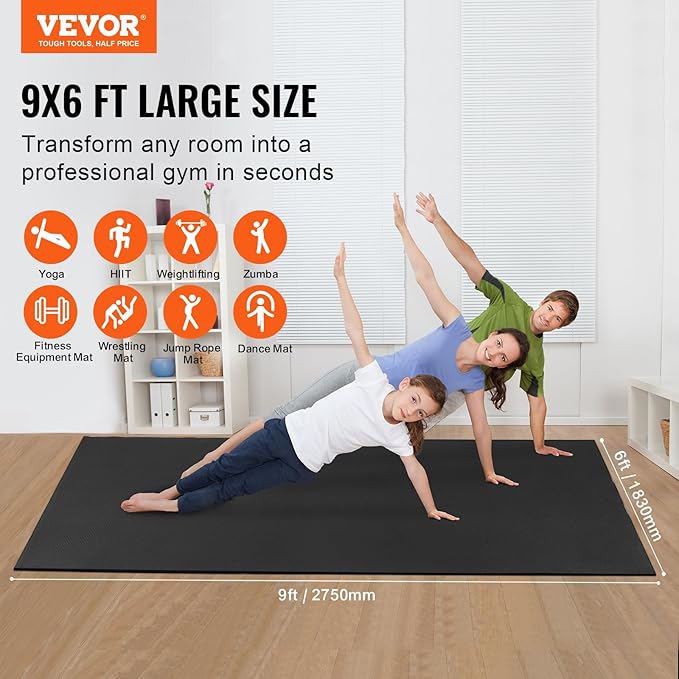 VEVOR Large Exercise Mat, 12'x6'/10'x6'/9'x6'/8'x6'/8'x5'/7'x5'/6'x4' (7mm) Extra Thick, Non Slip High Density Premium Workout Mat, Exercise Yoga Mat for Men & Women, Fitness & Exercise Mat with Bag & Carry Strap, for All Types of Home Yoga, Pilate & F...