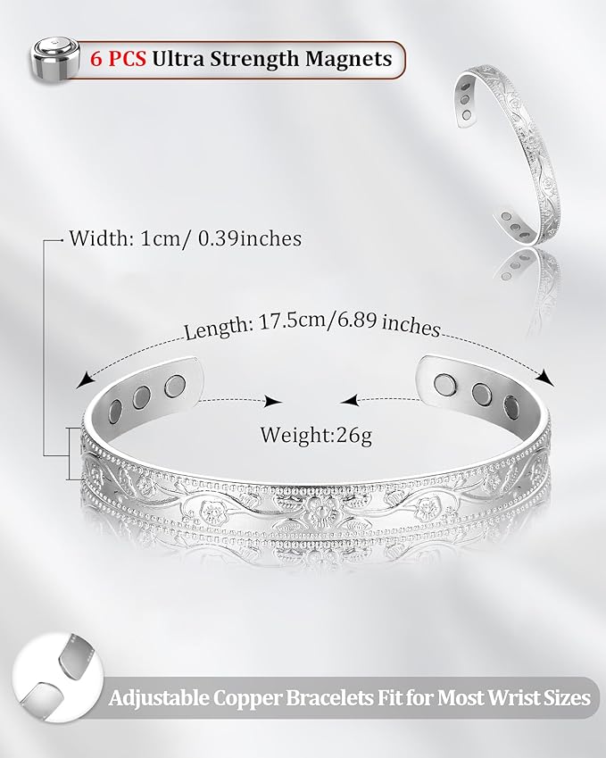 BioMag 2 Pcs Magnetic Copper Bracelet for Women, 99.99% Pure Copper Cuff Bangle with 6 Pcs 3500 Gauss Magnets, Adjustable Size, Floral Vine Design
