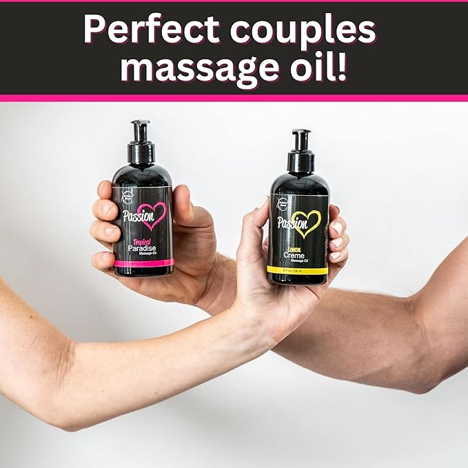 Passion Massage Oil for Date Night | Set of 2 Massaging Oils Lemon Crème & Tropical Paradise | All Natural with Almond & Jojoba | for Women & Men | Perfect for Full Body Relaxation & Aromatherapy