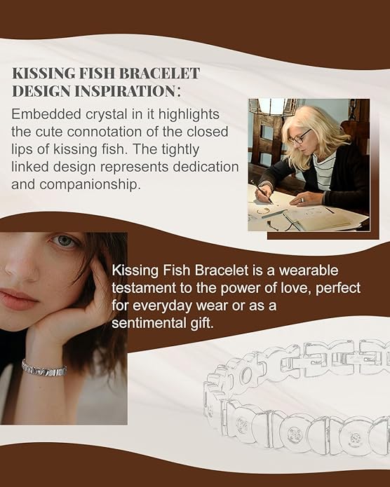 RainSo Magnetic Bracelets for Women Stainless Steel with Ultra Strength Magnetic Kissing Fish Design Adjustable Crystal Silver Bracelet for Mother's Day Birthday Gift [Include Sizing Tool]