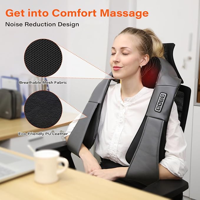 Shiatsu Electric Massager with Heat - 3D Kneading Pillow for Neck, Back, Shoulder, Muscle Pain Relief - Office, Home, Car Use - Fits Parents (Gray-button)