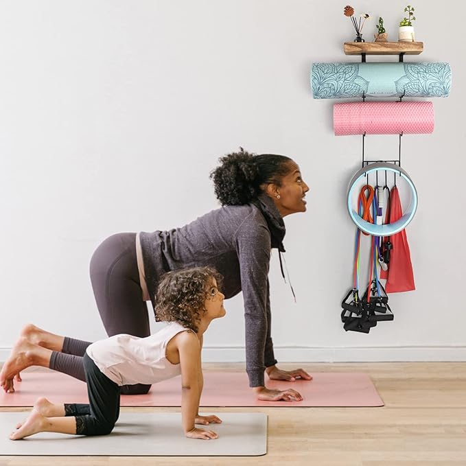 VINAEMO Yoga Mat Holder Accessories Wall Mount Organizer Storage Decor Foam Roller and Towel Storage Rack with 4 Hooks and Wooden Shelves Yoga Mats Rack Resistance Bands for Home Gym School Office