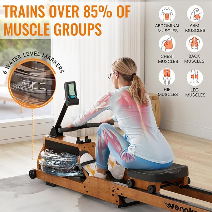 Water Rowing Machines for Home Use, Rower Machine with Smart Electronic Knob,Wooden Row Machine with LCD Monitor & Comfortable Seat, Bluetooth App Compatible for Home Gym Exercise 300 LBS
