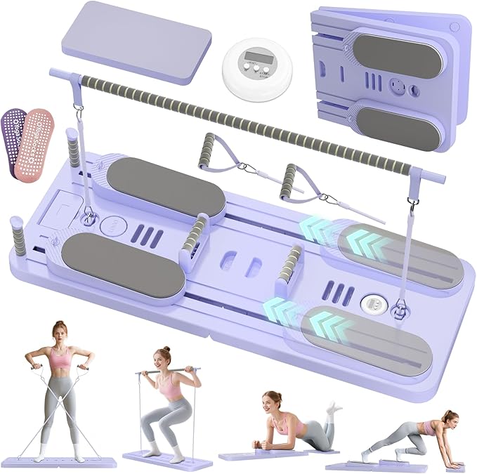 5 in 1 Pilates Board, Foldable Pilates Reformer Set with Resistance Bands, Portable Pilates Sliding Board, Trainer Machine for Home Workout, Ab, Core, Fitness, Exercise